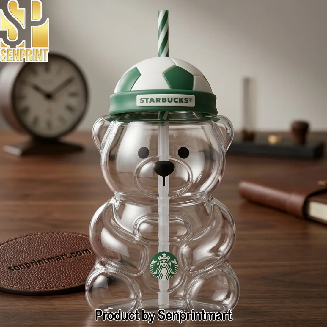 Starbucks Bearista Soccer Cute 3D Bear Shaped Clear Glass Tumbler