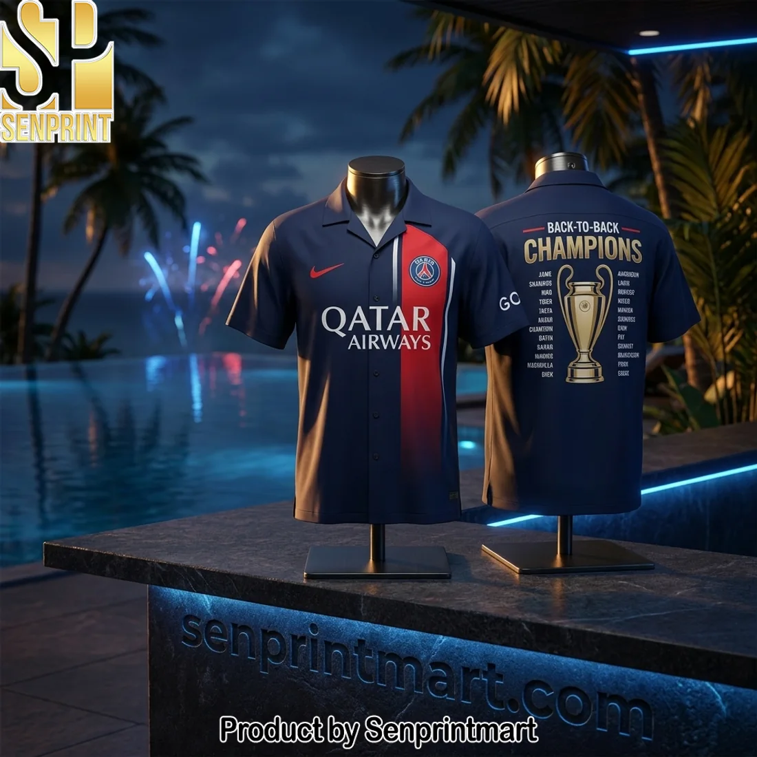 Paris Saint-Germain Back-to-Back Champions 2025-2026 Commemorative Trophy Graphic Navy Hawaiian Shirt