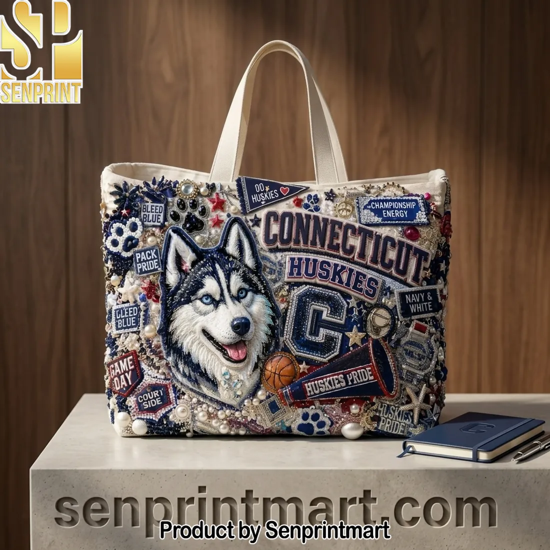 Connecticut Huskies UConn Game Day Luxury Beaded Embellished Tote Bag