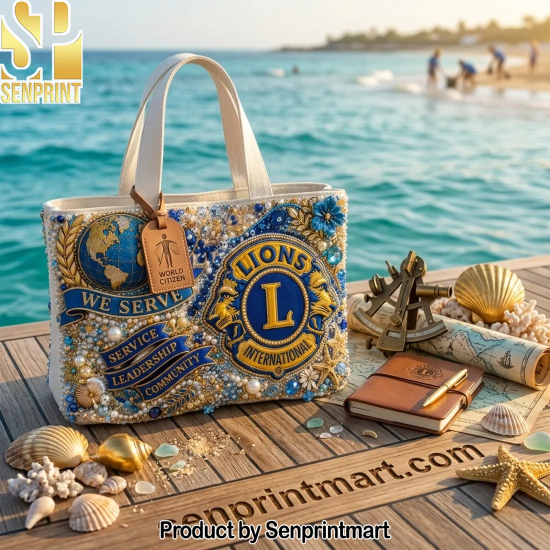 Lions International We Serve Luxury Beaded Canvas Tote Bag