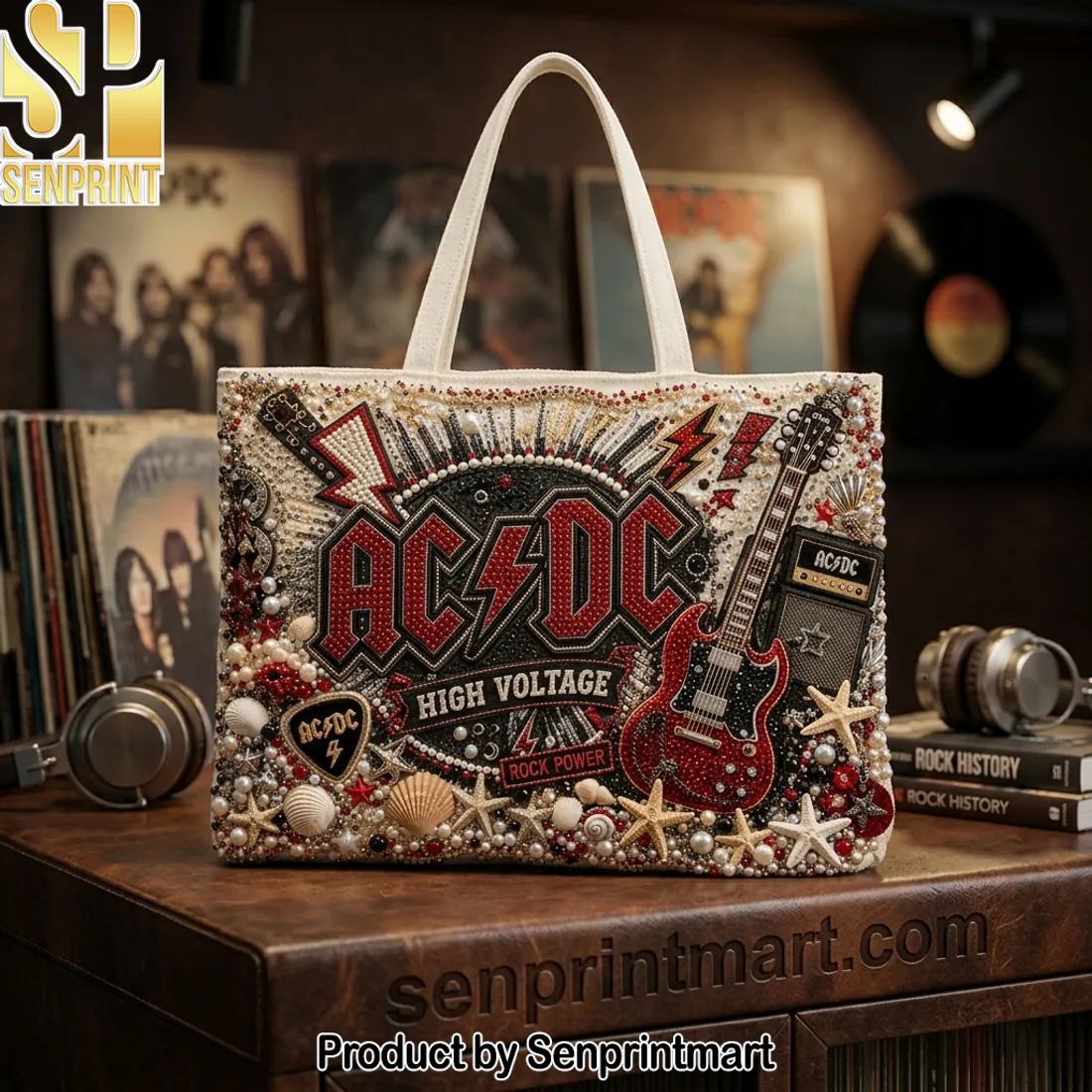 AC/DC High Voltage Beaded Rhinestone Luxury Canvas Tote Bag