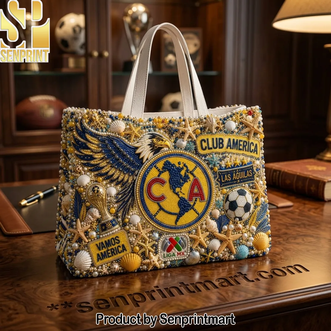 Club America Las Aguilas Luxury Beaded Summer Beach Tote Bag