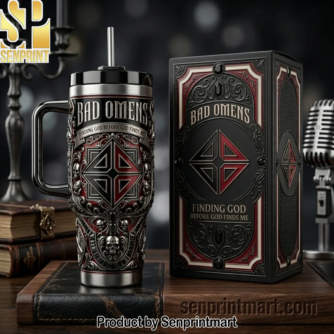 Bad Omens Finding God Before God Finds Me Gothic Skull 40oz Tumbler with Lid and Straw