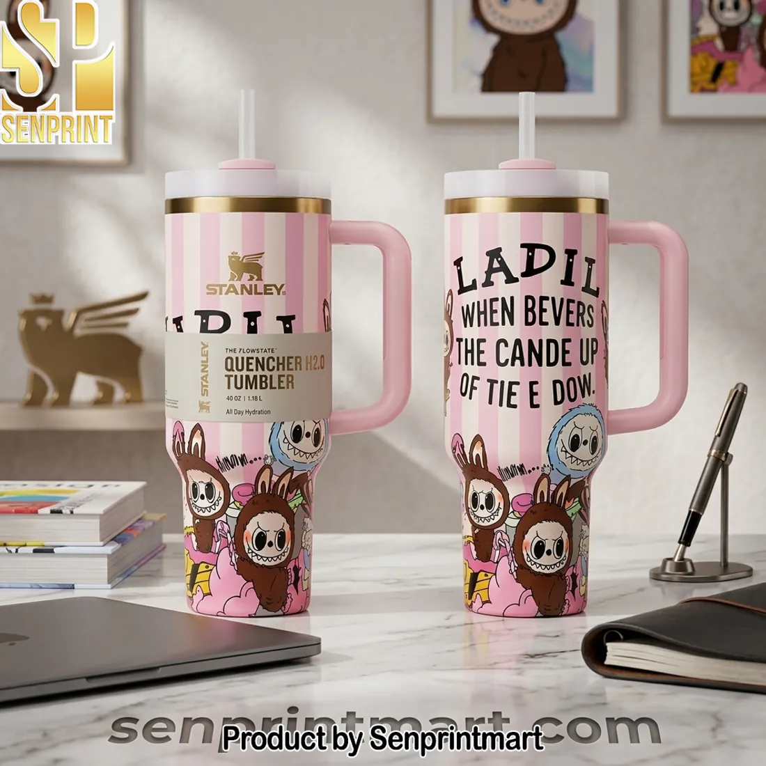 Stanley x Labubu Limited Edition Pink Striped 40oz Quencher Tumbler