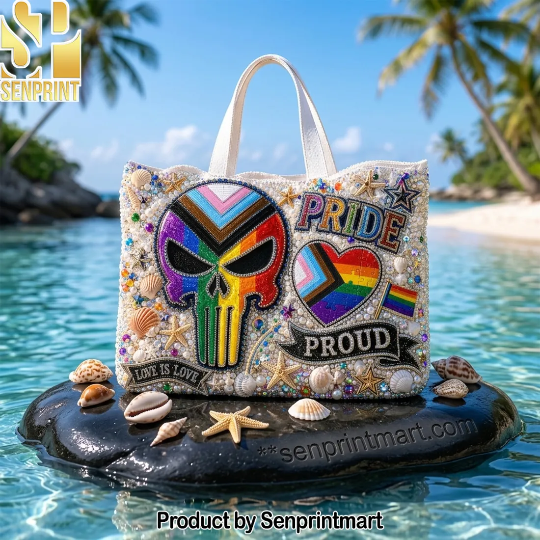 LGBTQ Pride Proud Rainbow Skull Beaded Pearl Summer Beach Tote Bag