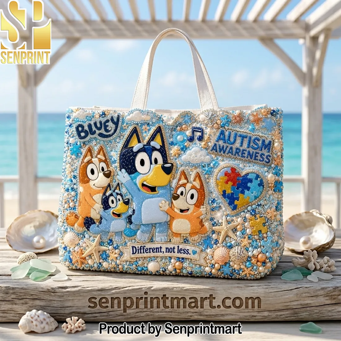 Bluey Autism Awareness Different Not Less Beaded Pearl Tote Bag