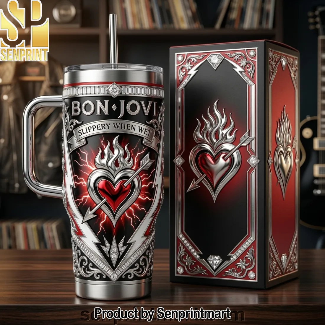 Bon Jovi Slippery When Wet Premium 3D Embossed Stainless Steel 40oz Tumbler