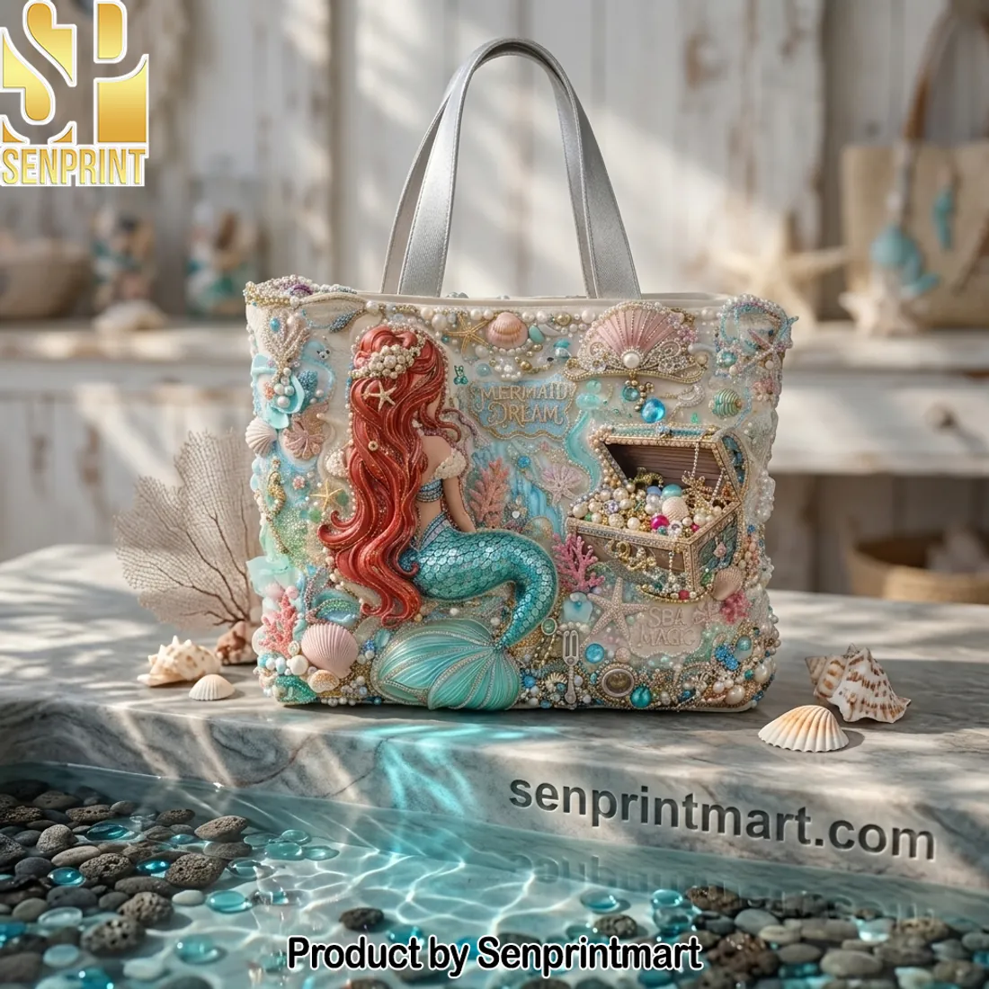 Mermaid Dream Ariel The Little Mermaid 3D Beaded Luxury Tote Bag