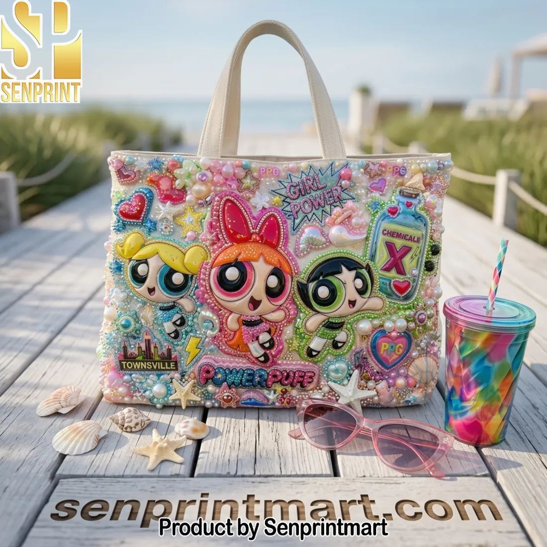 Powerpuff Girls Girl Power Luxury Beaded Pearl Embellished Tote Bag