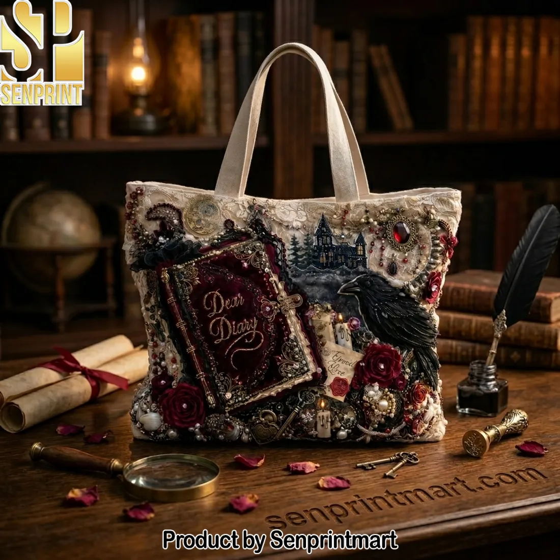 The Vampire Diaries Dear Diary Gothic Raven and Rose Vintage Canvas Tote Bag