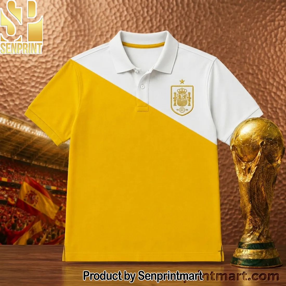 Spain National Team 2026 World Cup Gold Crest Color Block Polo Shirt