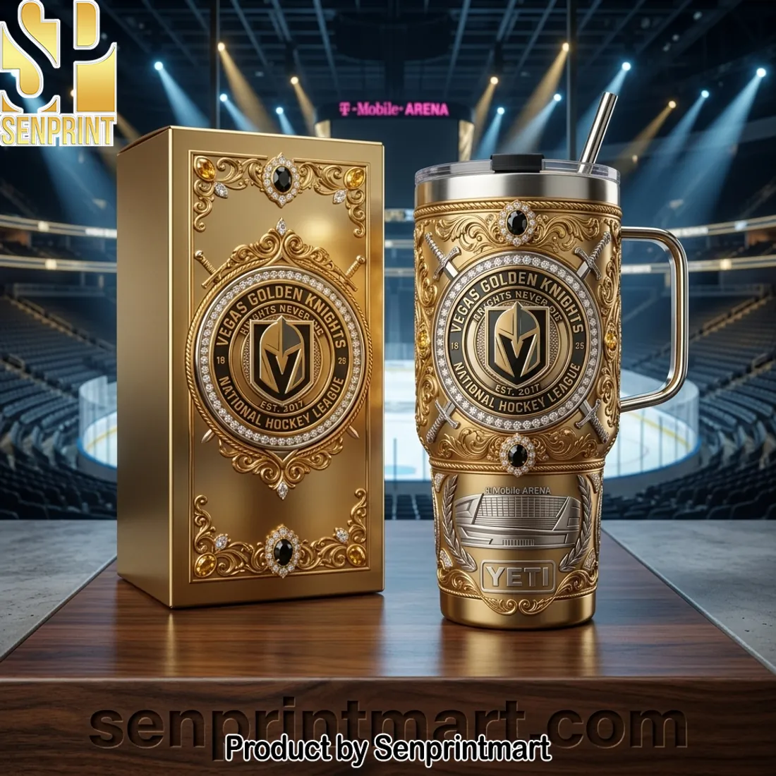 Vegas Golden Knights T-Mobile Arena Luxury Gold 3D Embossed 40oz Tumbler with Lid and Straw