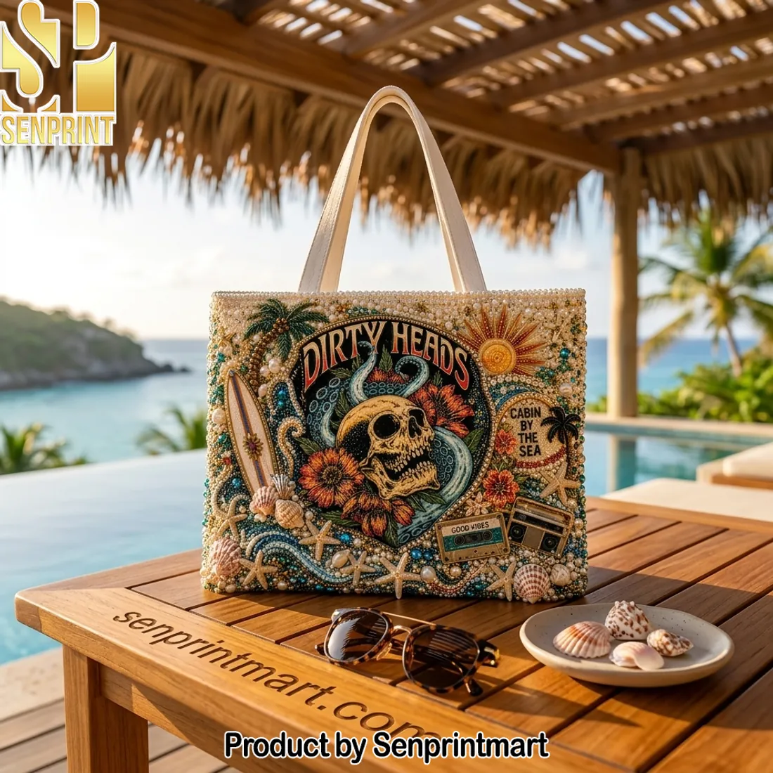 Dirty Heads Cabin By The Sea Premium Beaded Summer Beach Tote Bag