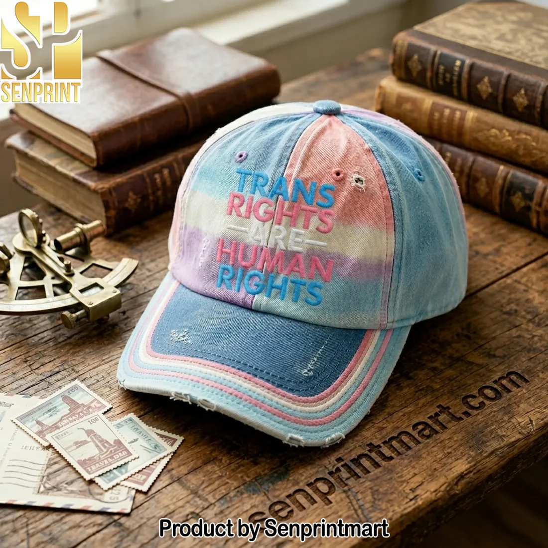 “Trans Rights Are Human Rights” Distressed Tie-Dye Baseball Cap
