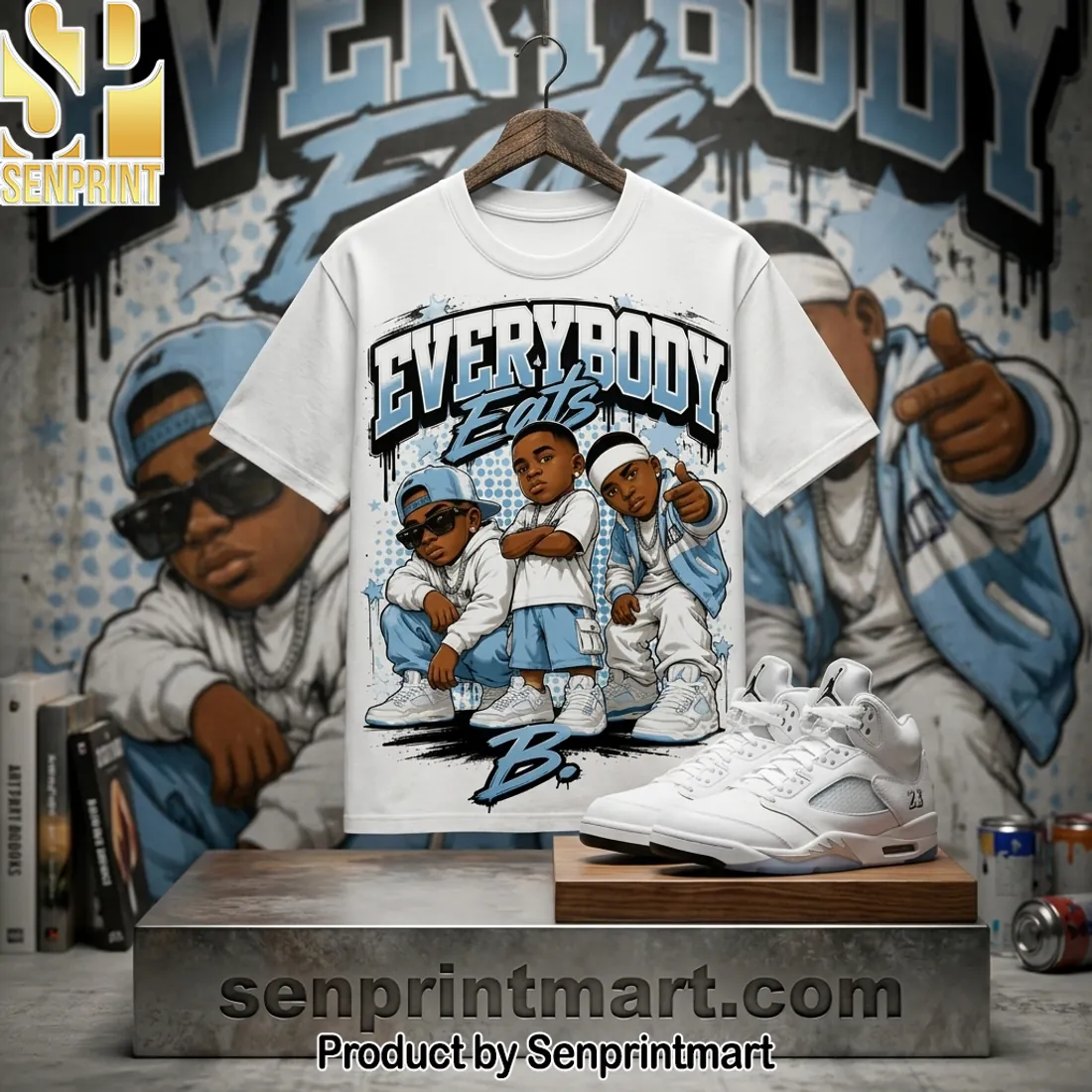 Everybody Eats B Sneaker Match Jordan 5 Metallic Silver T-Shirt