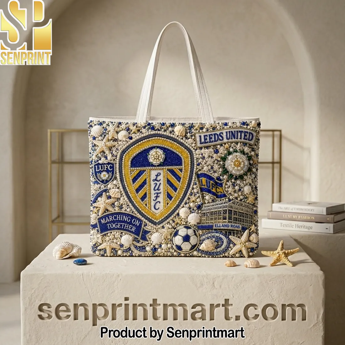 Leeds United Marching On Together Luxury Beaded Pearl Tote Bag