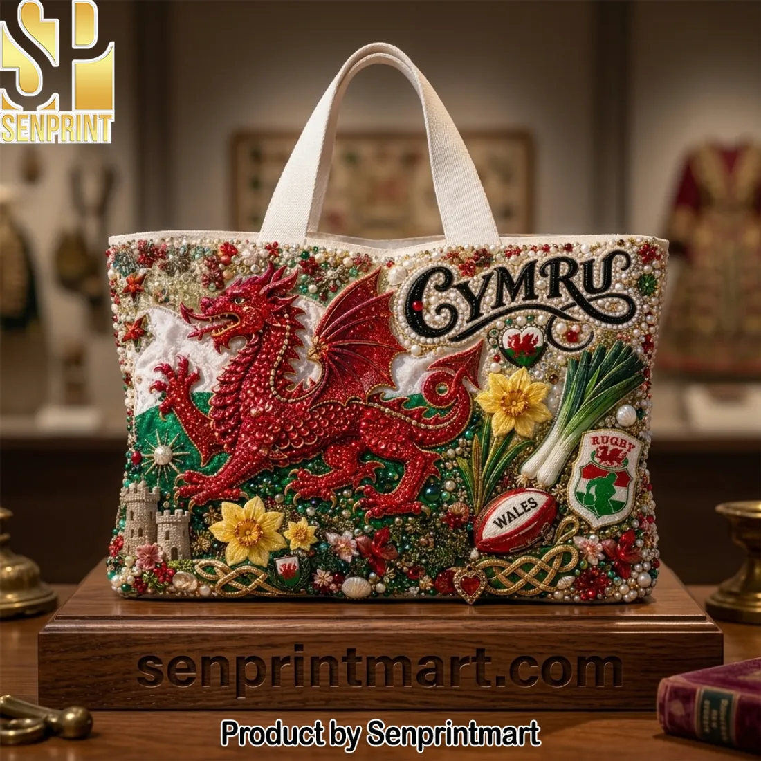 Cymru Wales Rugby Welsh Dragon Luxury Beaded Tote Bag