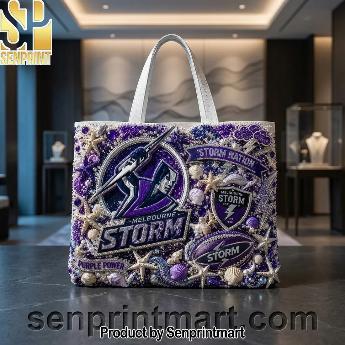 Melbourne Storm NRL Purple Power Luxury Beaded Embellished Tote Bag