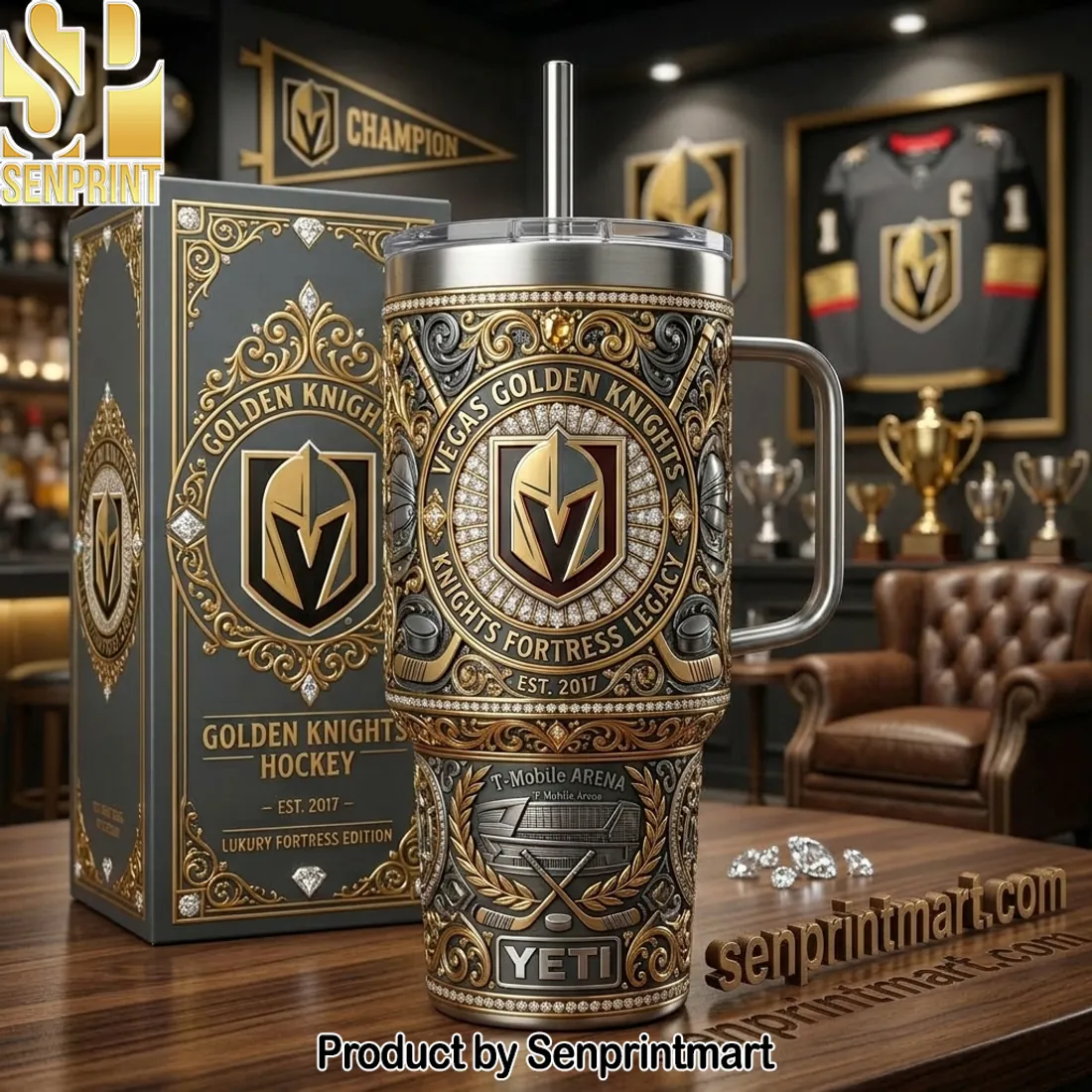 Vegas Golden Knights Luxury Fortress Edition Premium 3D Embossed 40oz Tumbler with Lid and Straw