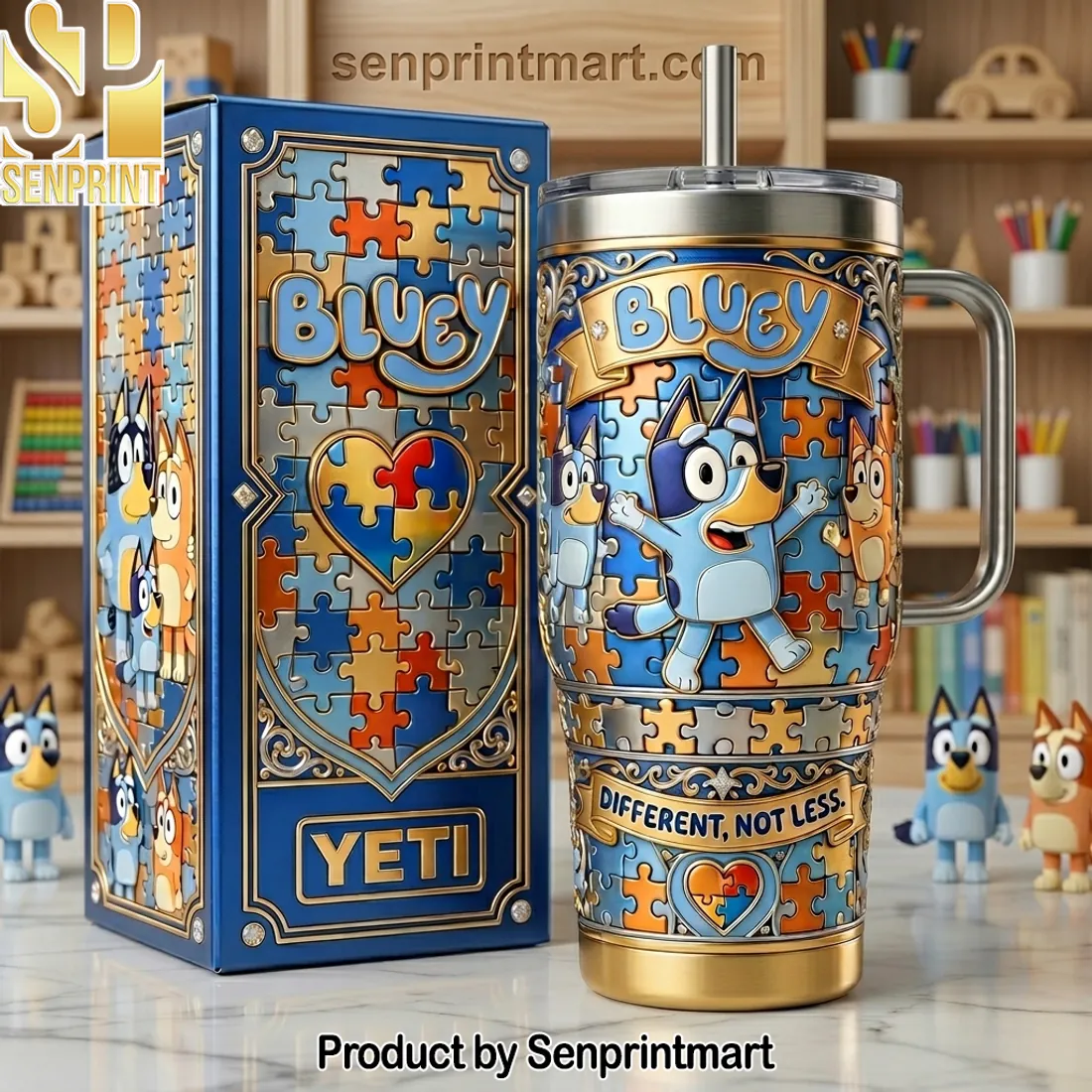 Bluey Autism Awareness Different Not Less 3D Puzzle 40oz Tumbler With Handle