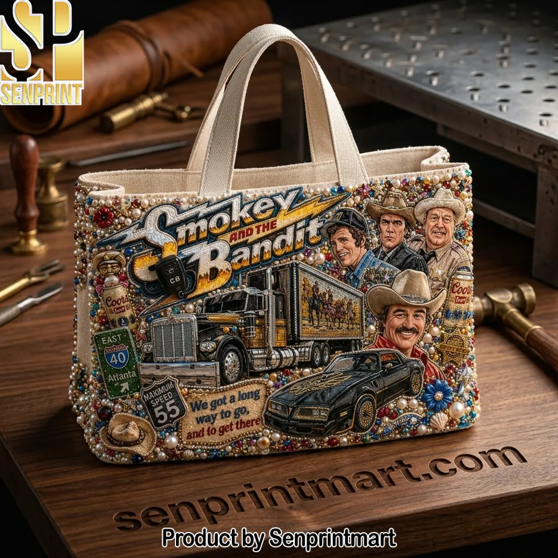 Smokey And The Bandit Retro Movie 3D Beaded Canvas Tote Bag
