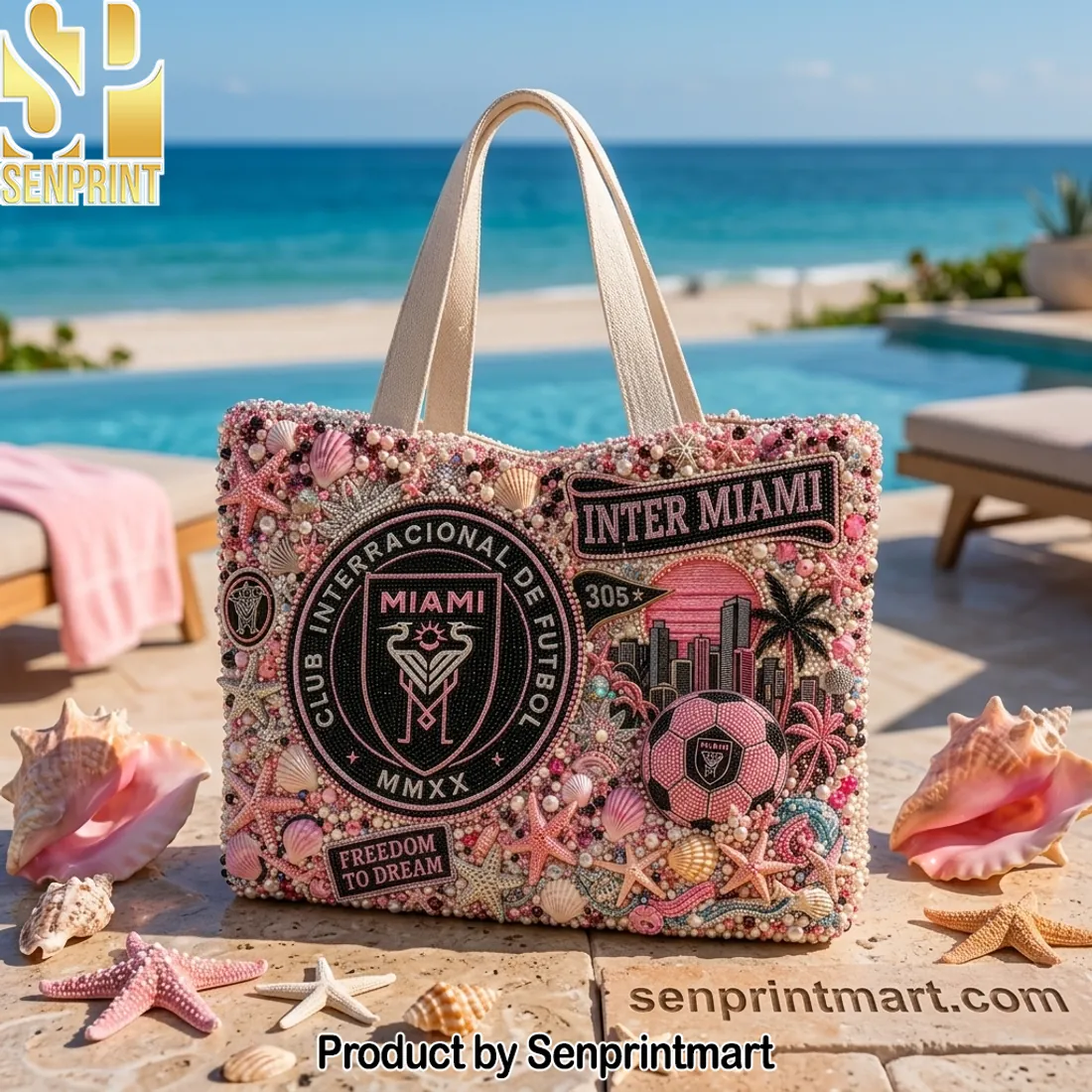 Inter Miami CF Beaded Seashell Pink Summer Beach Tote Bag