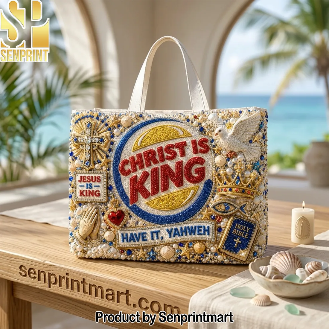 Christ Is King Have It Yahweh Luxury Beaded Rhinestone Tote Bag