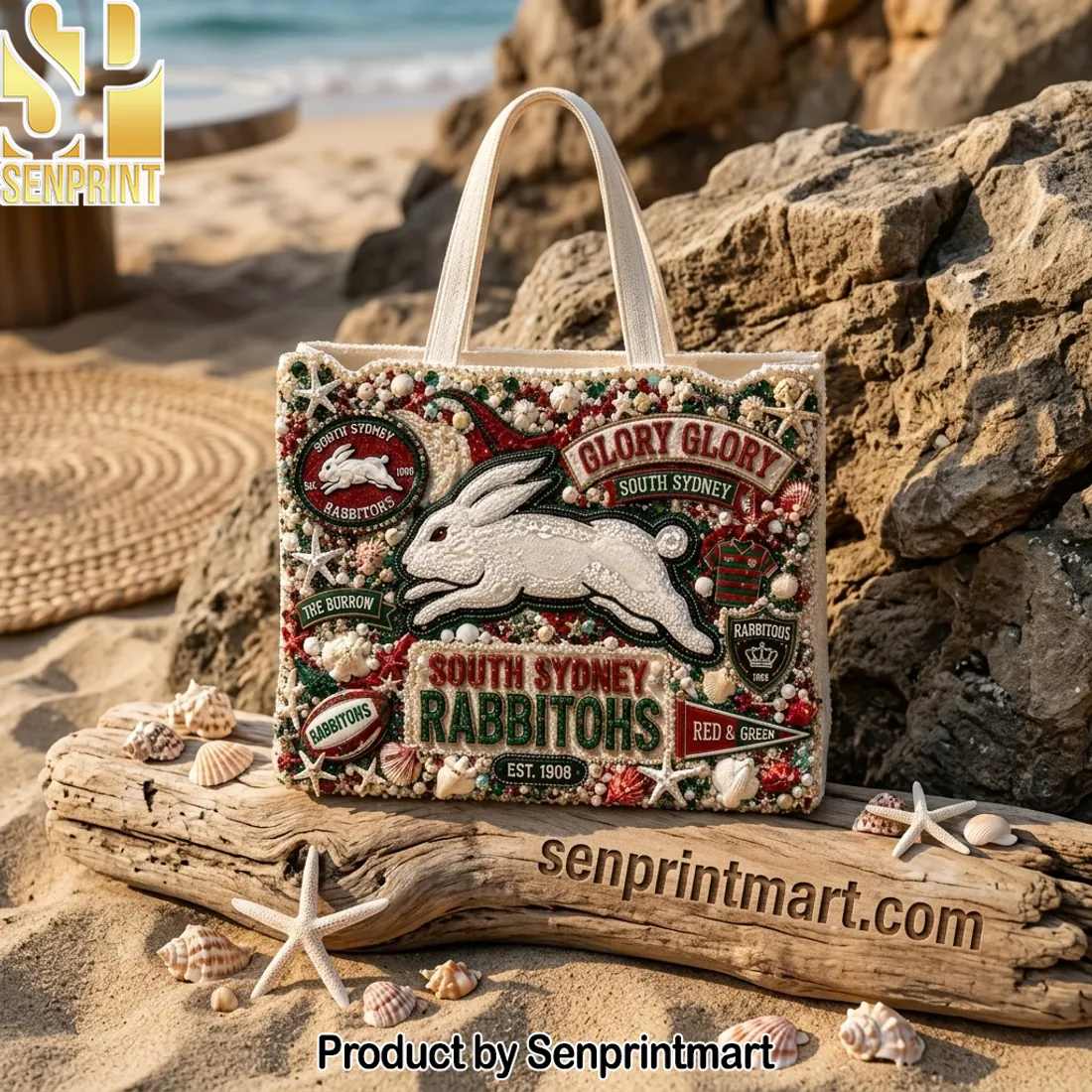 South Sydney Rabbitohs Glory Glory Beaded Luxury Summer Beach Tote Bag