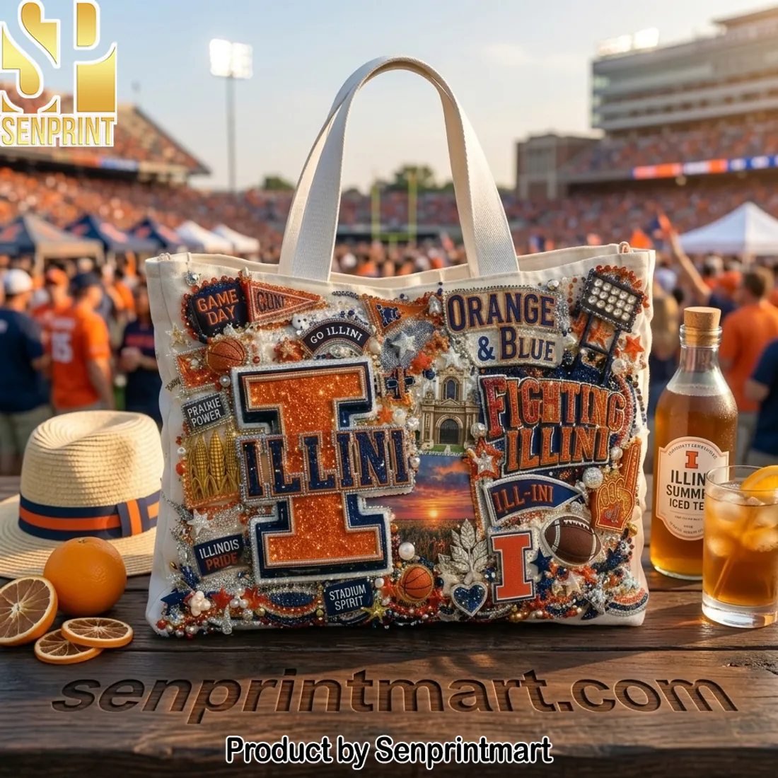 Illinois Fighting Illini Beaded Embellished Game Day Tote Bag