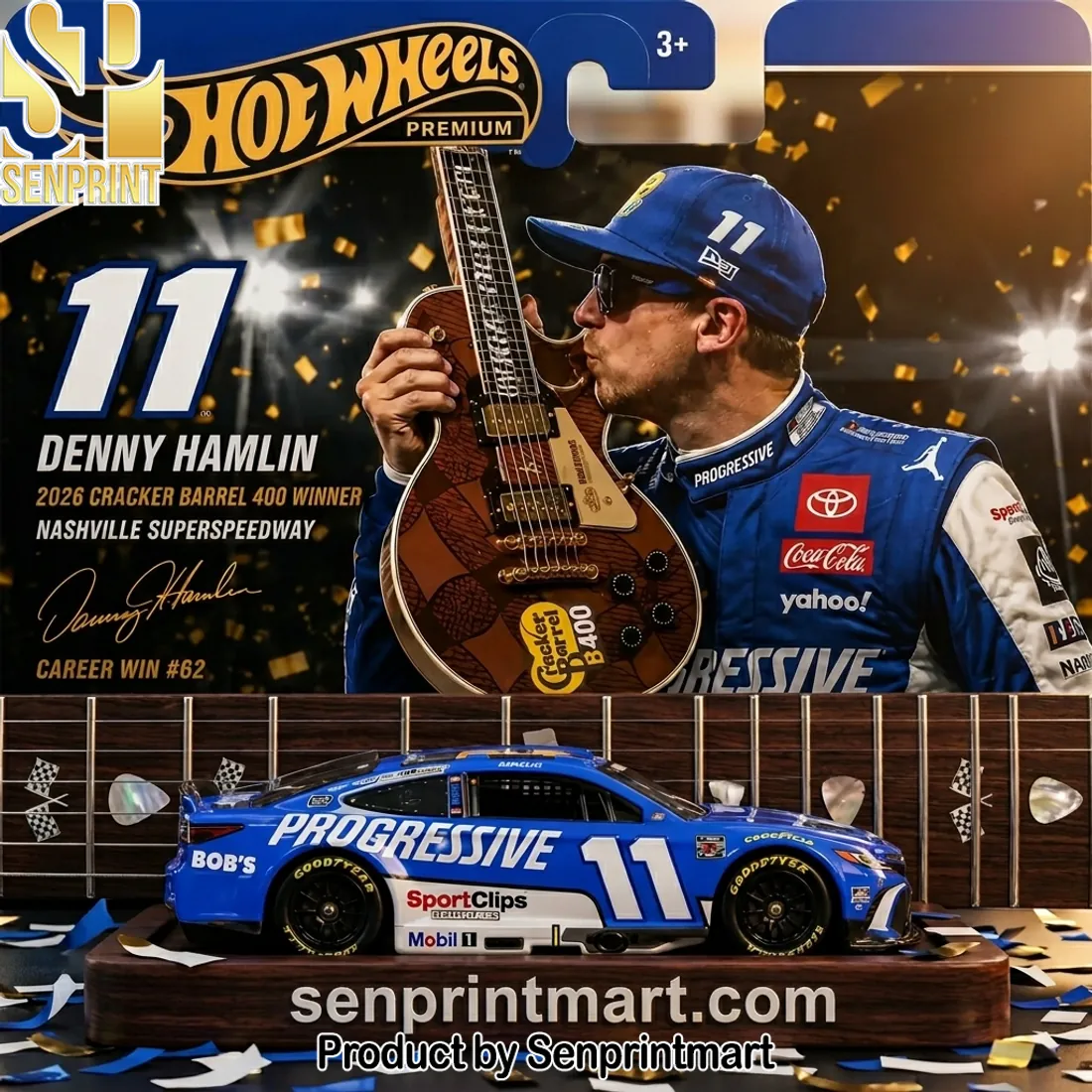 Denny Hamlin #11 2026 Cracker Barrel 400 Nashville Winner Hot Wheels Premium Die-Cast Car