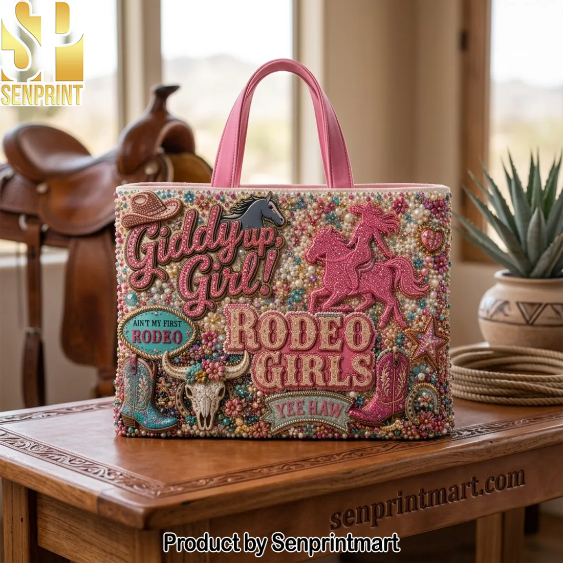 Giddy Up Girl Rodeo Girls Pink Beaded Western Tote Bag
