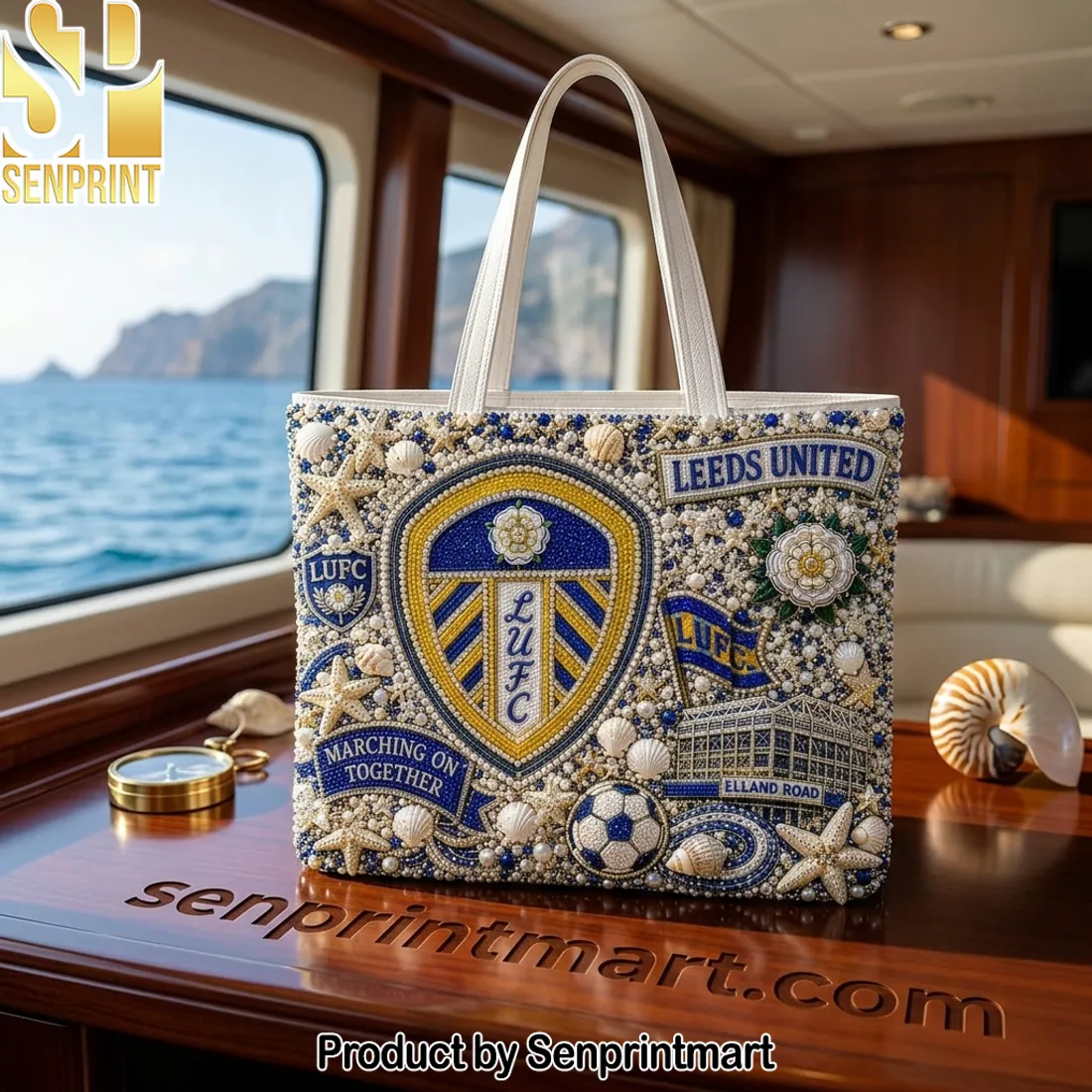Leeds United LUFC Marching On Together Luxury Beaded Tote Bag