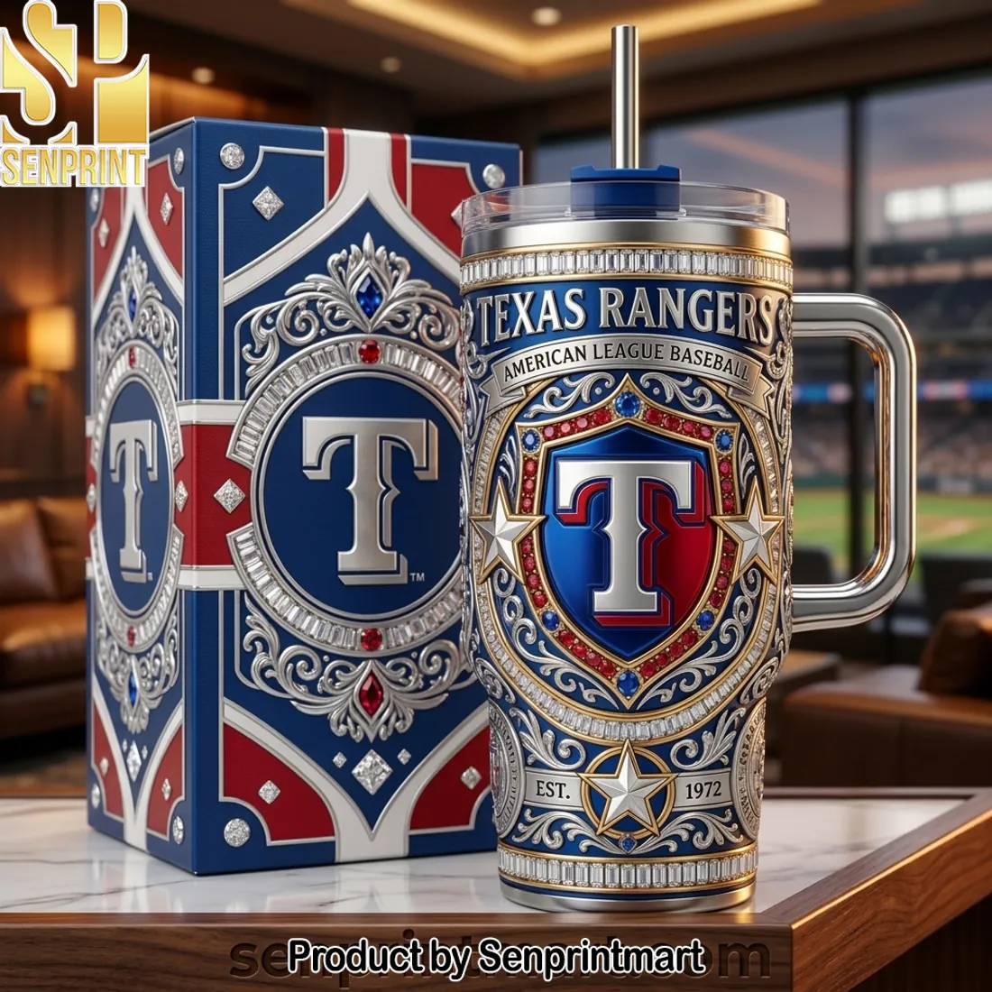 Texas Rangers American League Baseball Est 1972 Luxury 3D Embossed 40oz Tumbler with Lid and Straw