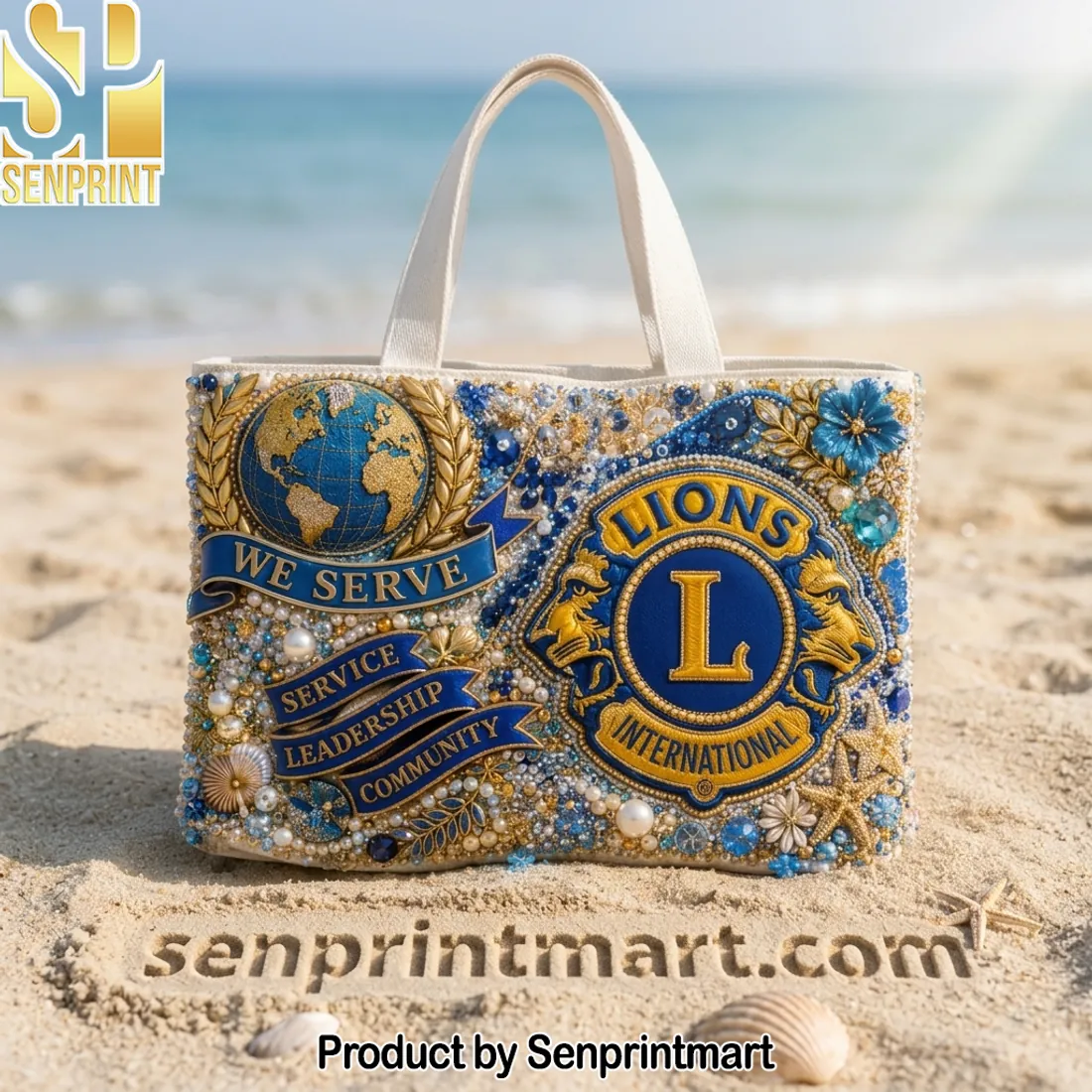 Lions International “We Serve” Embellished Beaded Tote Bag