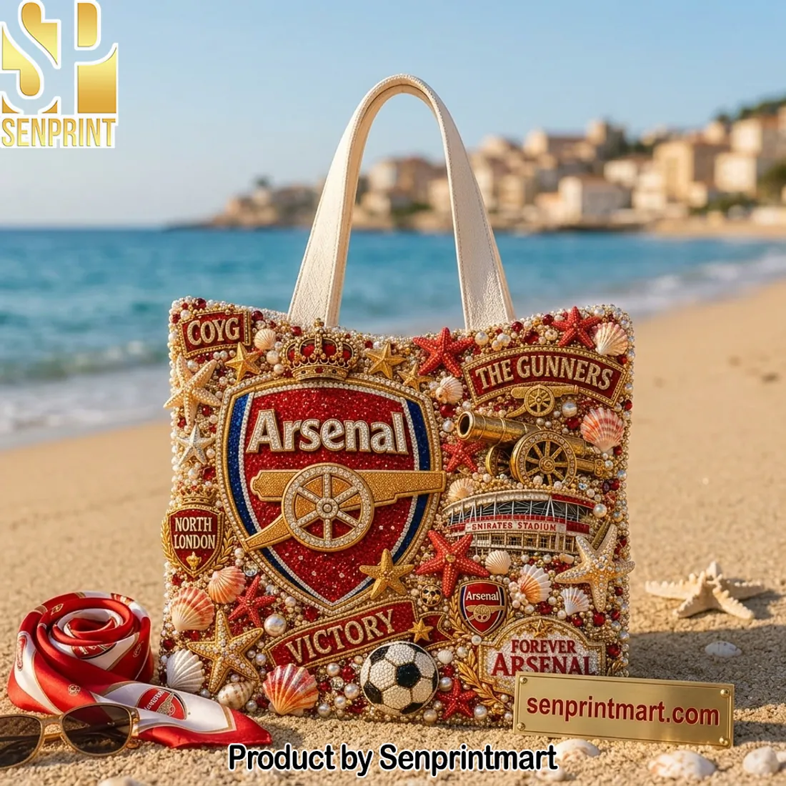 Arsenal FC The Gunners COYG Luxury Beaded Summer Beach Tote Bag