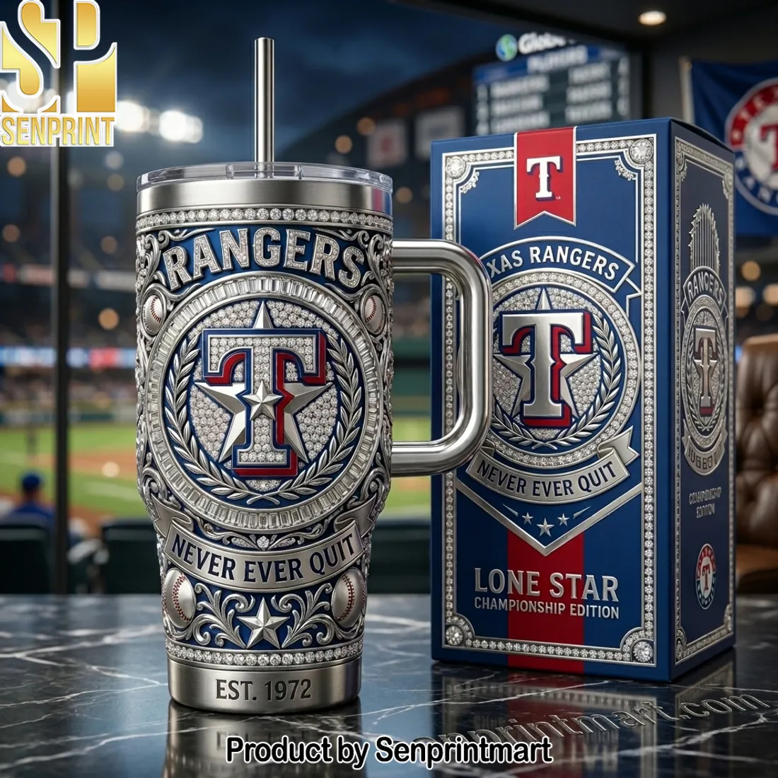 Texas Rangers Championship Ring Style “Never Ever Quit” 40oz Tumbler with Lid and Straw