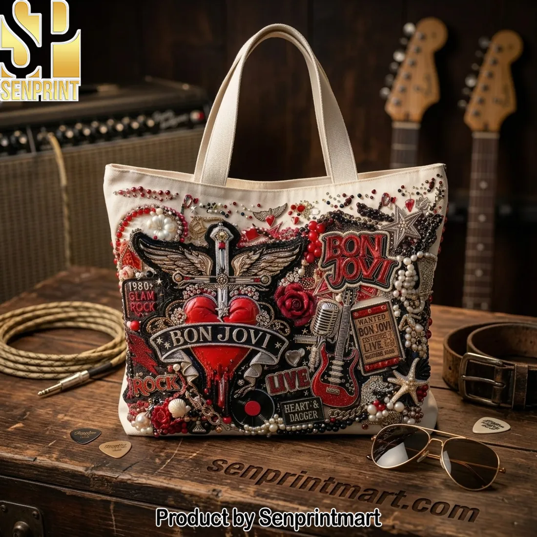Bon Jovi Glam Rock Heart and Dagger Beaded Embellished Tote Bag