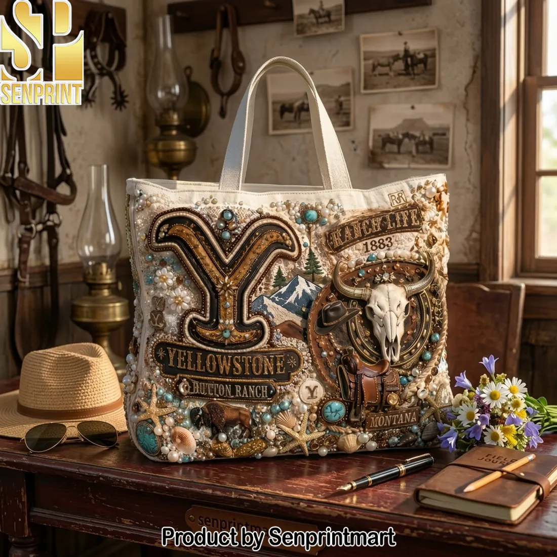 Yellowstone Dutton Ranch Western Beaded Embellished Tote Bag