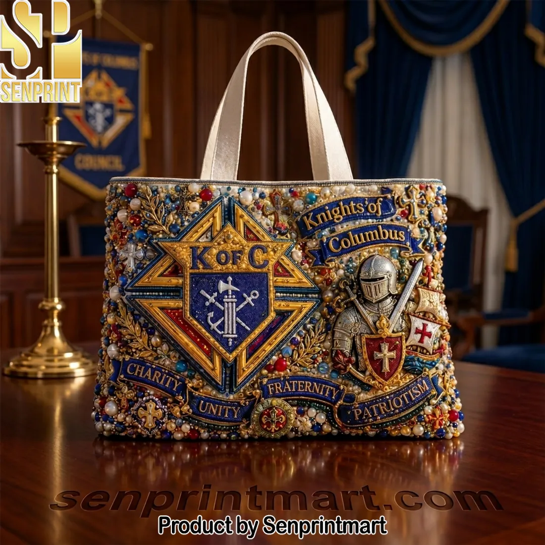 Knights of Columbus Charity Unity Fraternity Patriotism Luxury Beaded Tote Bag