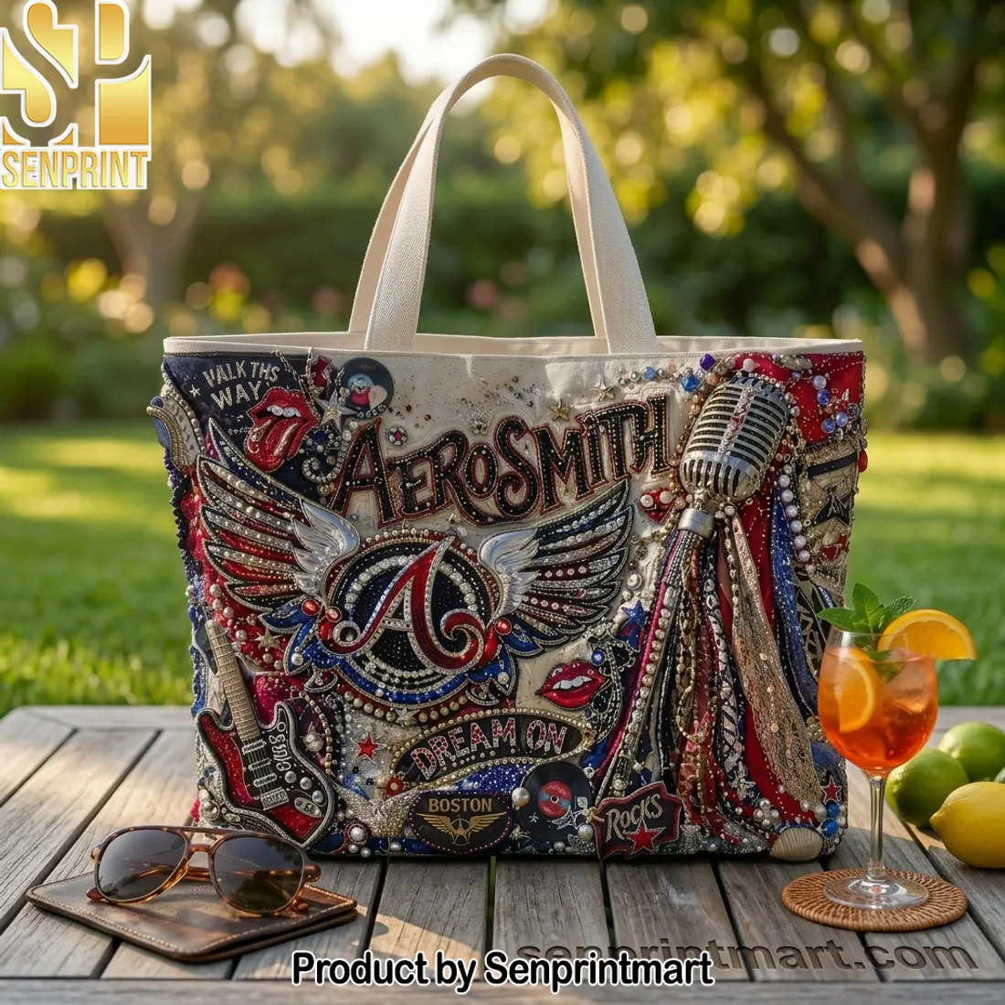 Aerosmith Dream On Walk This Way Embellished Beaded Canvas Tote Bag