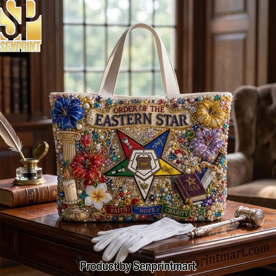 Order of the Eastern Star Luxury Beaded Style Floral Tote Bag