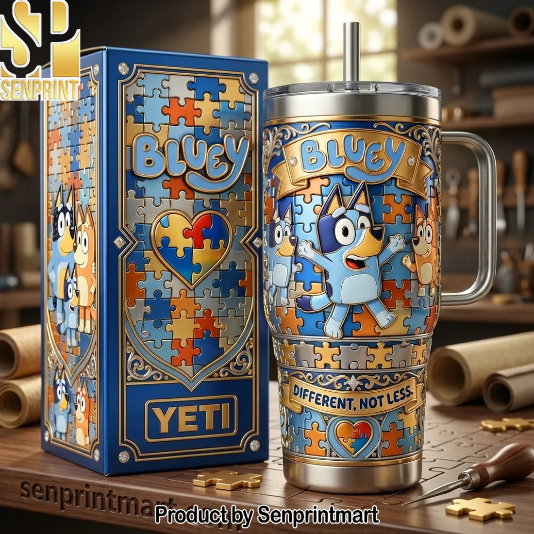 Bluey “Different, Not Less” Autism Puzzle 40oz Tumbler With Handle