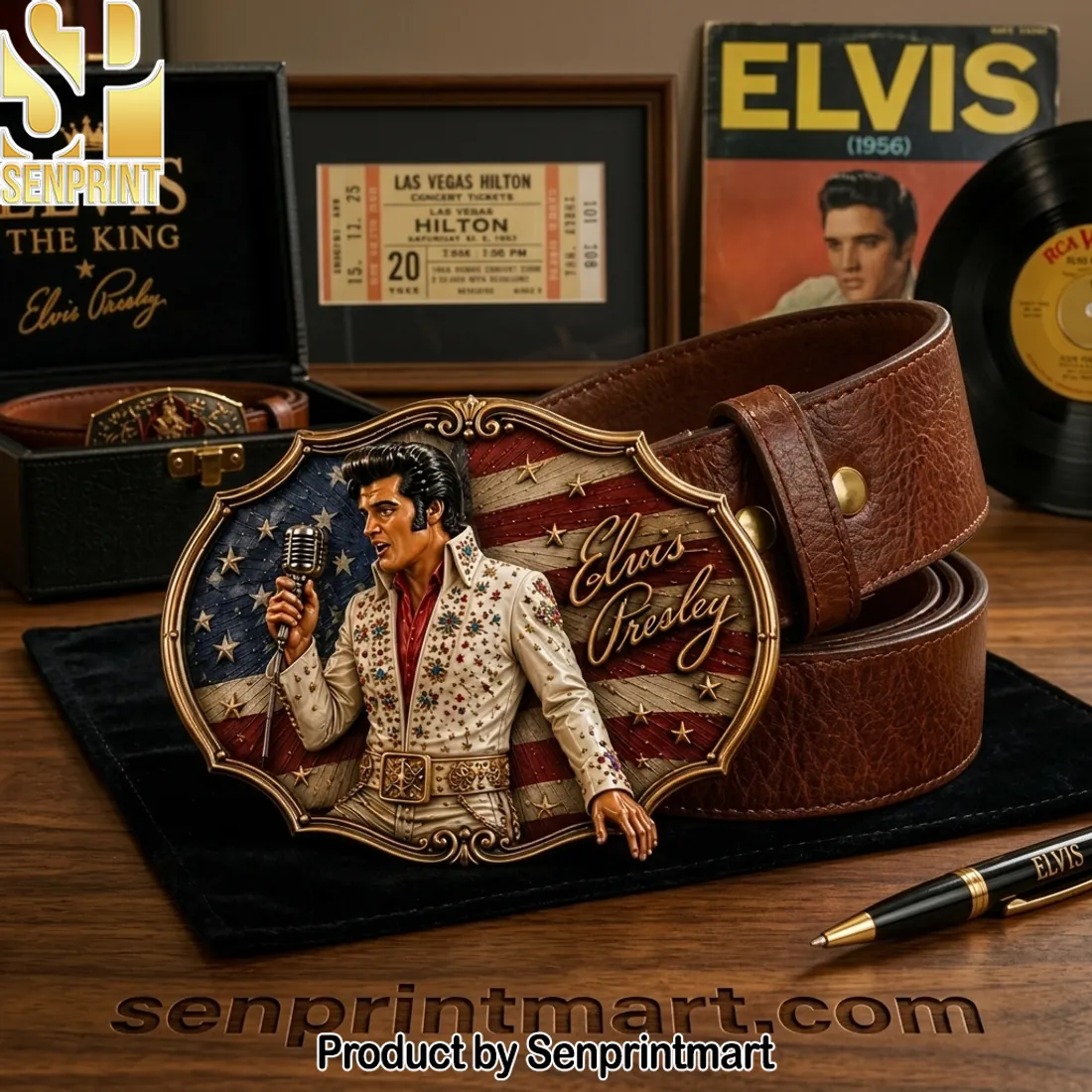 Elvis Presley The King 3D American Flag Buckle Leather Belt