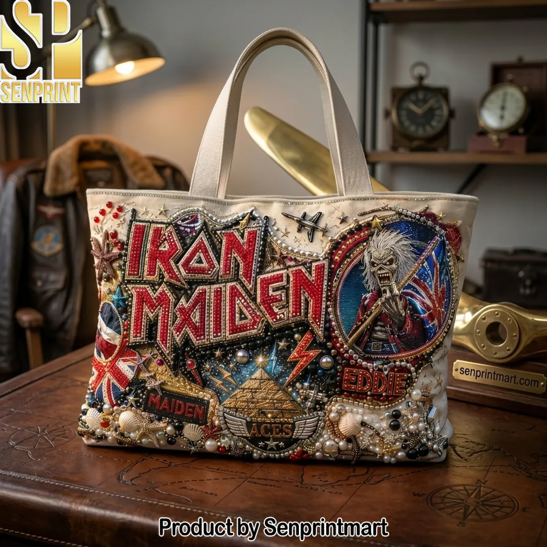 Iron Maiden Eddie Detailed Embellished Tote Bag