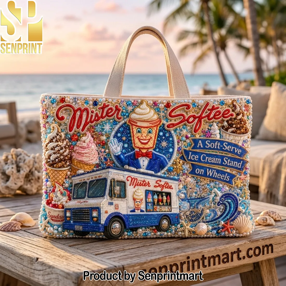 Mister Softee Embellished Ice Cream Truck Summer Tote Bag