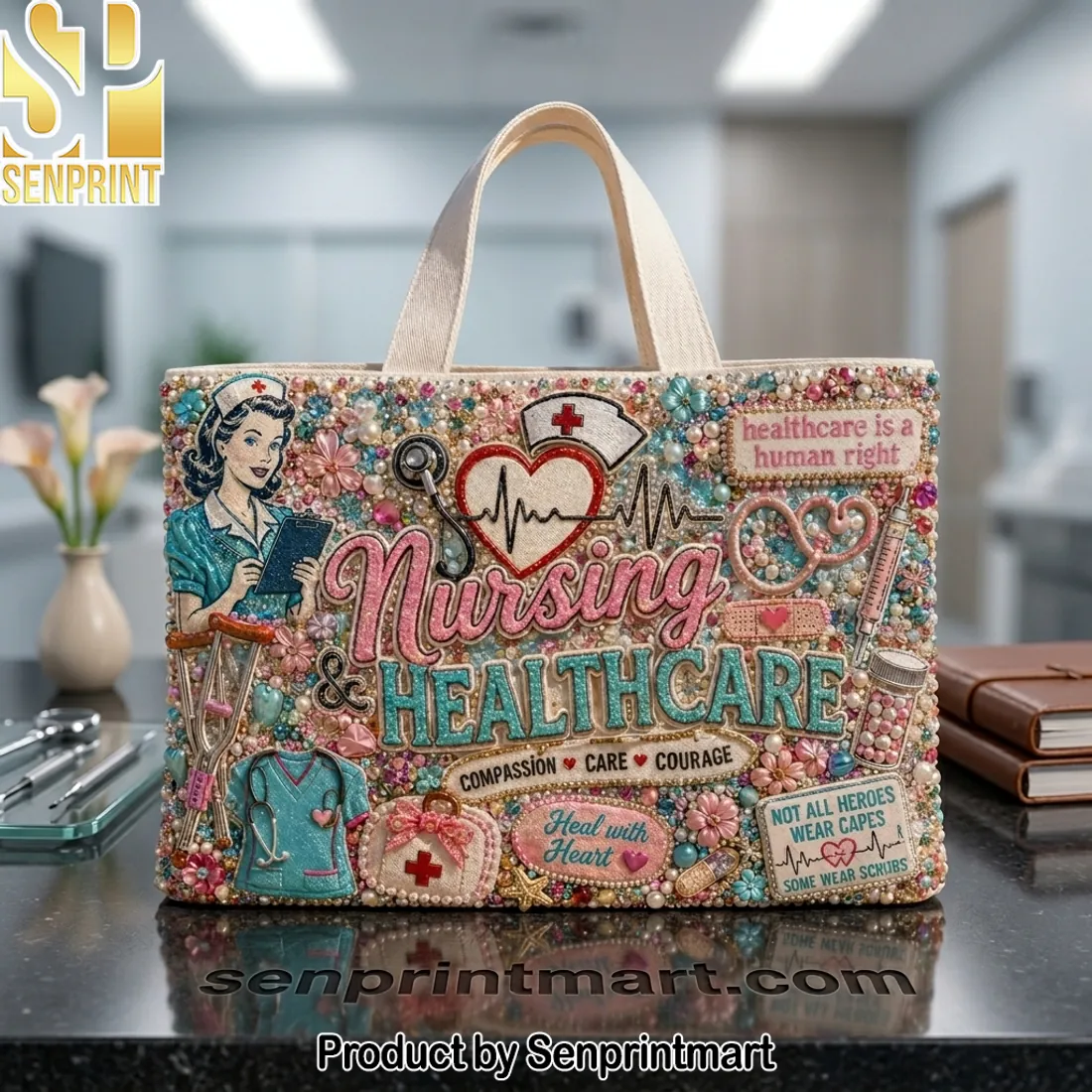 Nursing & Healthcare Embellished Beaded Tote Bag