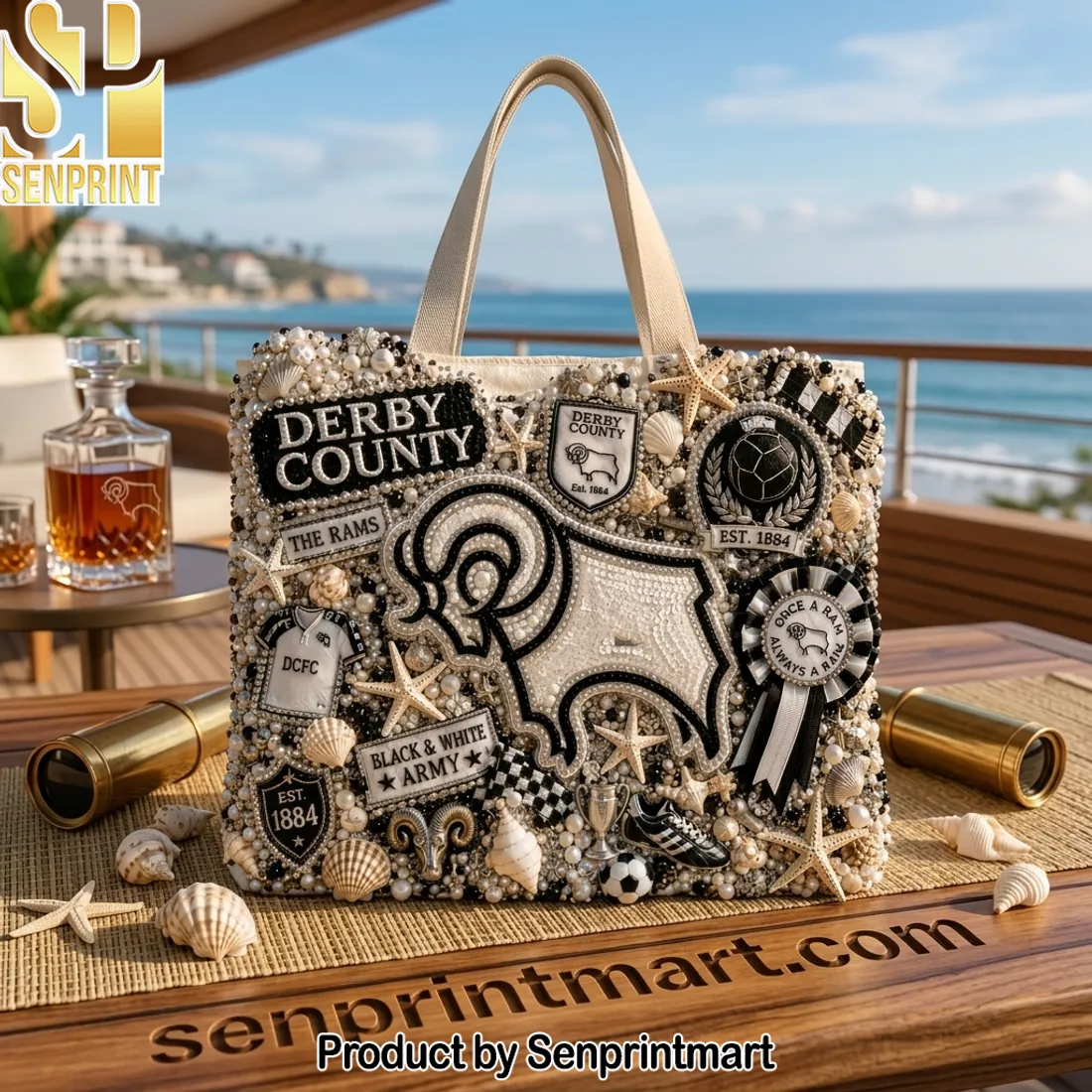 Derby County Black & White Army Luxury Embellished Tote Bag