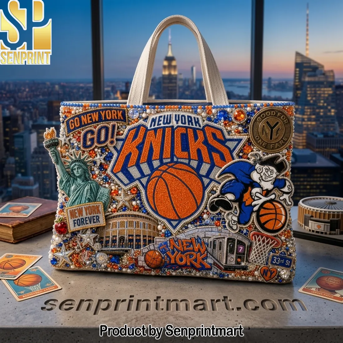New York Knicks Beaded Cityscape Fan Tote Bag