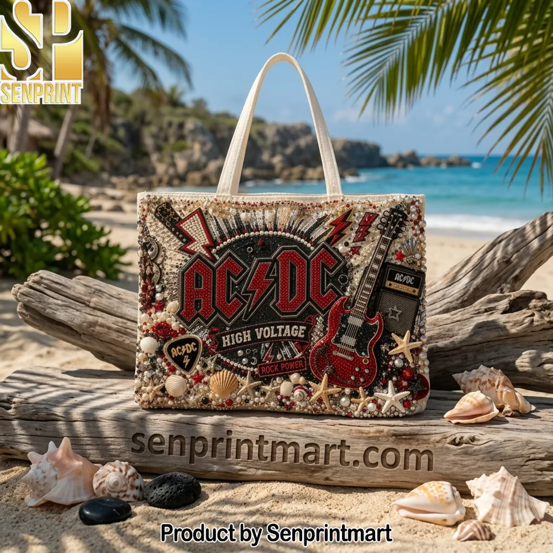 AC/DC High Voltage Intricate Beaded Tote Bag