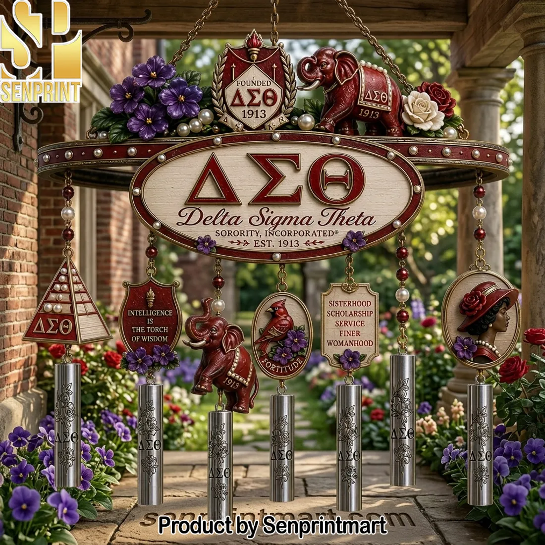 Delta Sigma Theta Sorority Est. 1913 Elephant Cardinal Premium Wind Chime